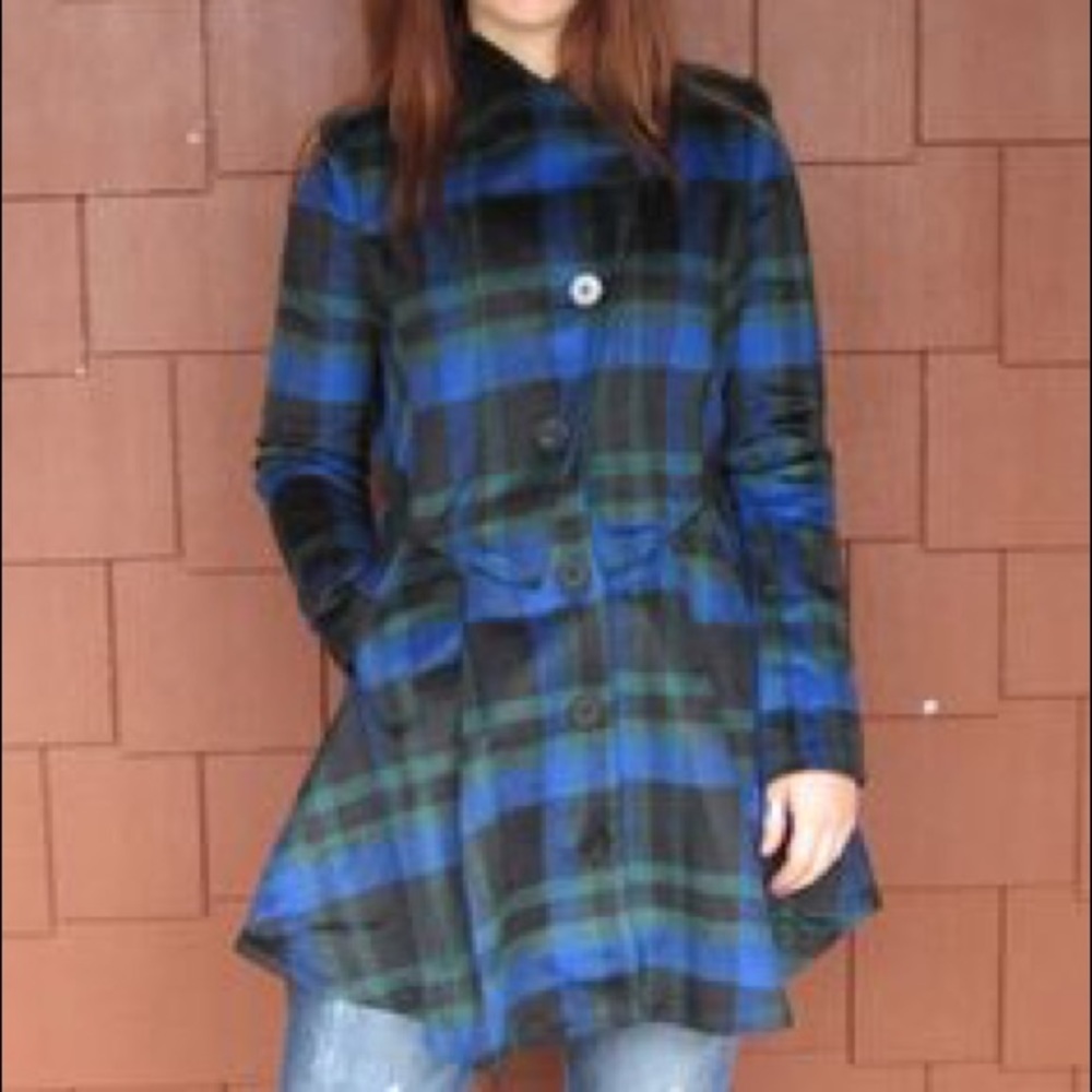 Plaid Blue, Green & Black Button-Front Coat